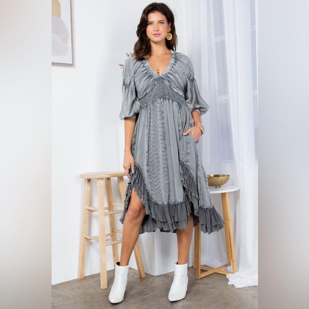 Boho Grey V-Neck High-Low Ruffle Dress